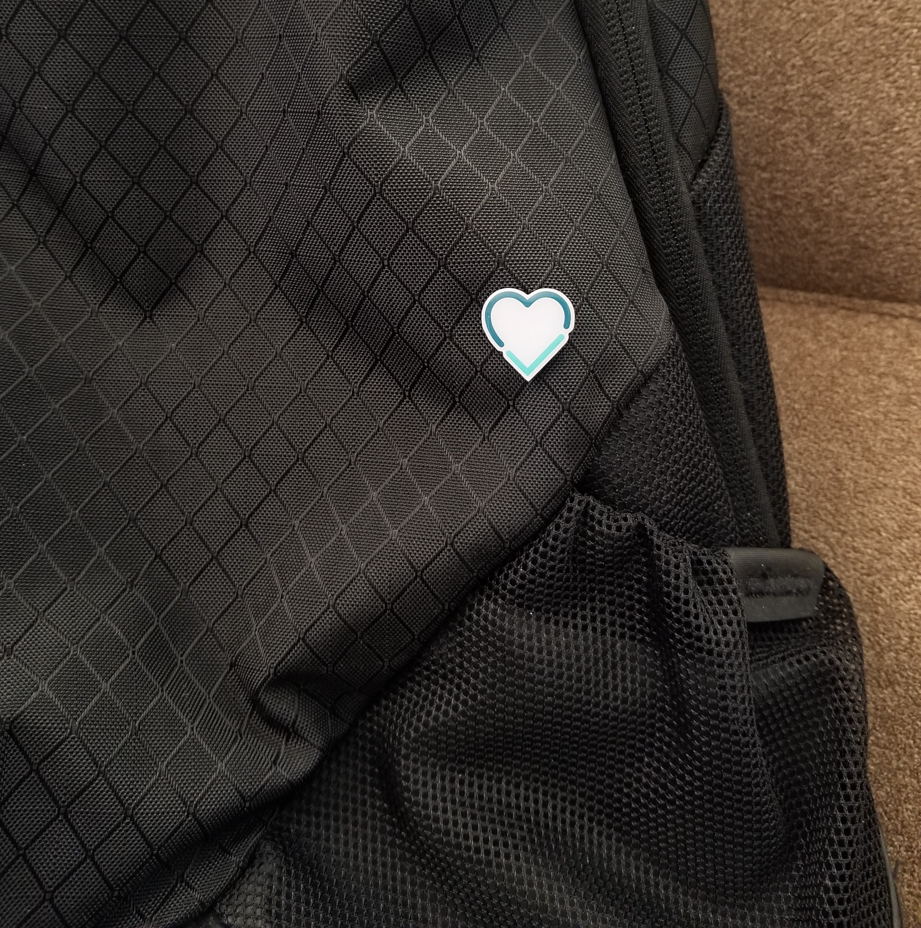 Sample pin shown on backpack
