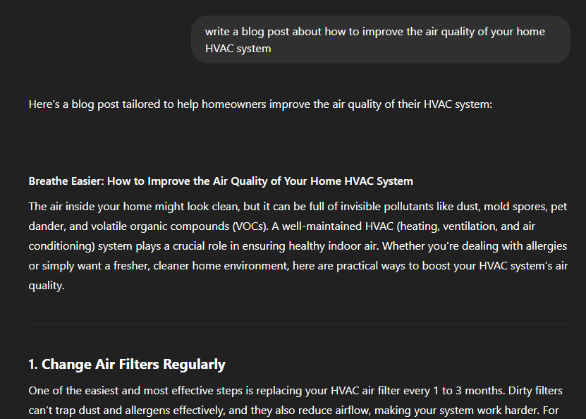 hvac blog post prompt in Chat GPT