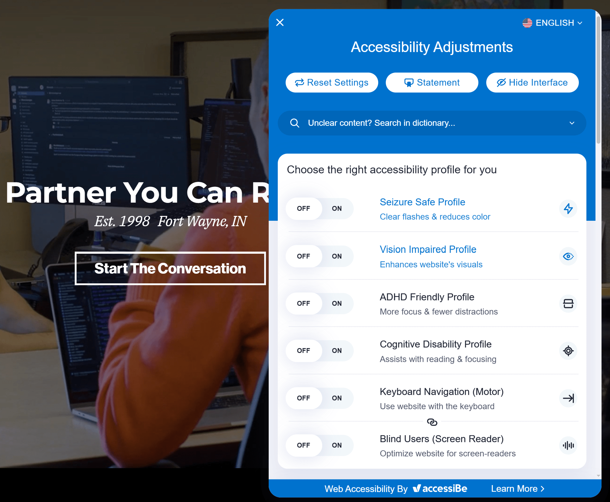 accessiBE Tool on the JH website