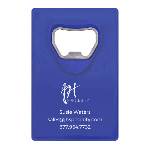 Blue bottle opener with contact information