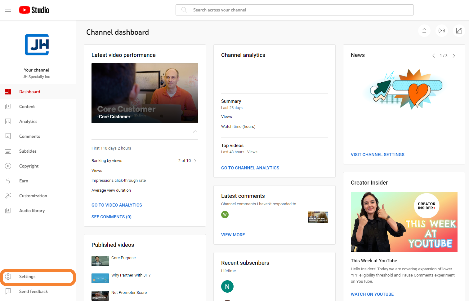 YouTube Dashboard Settings