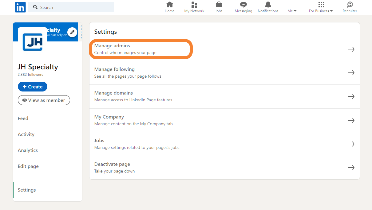 Click Manage Admins in LinkedIn Settings