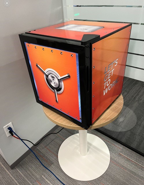 Orange Vault Top Fridge on End Table