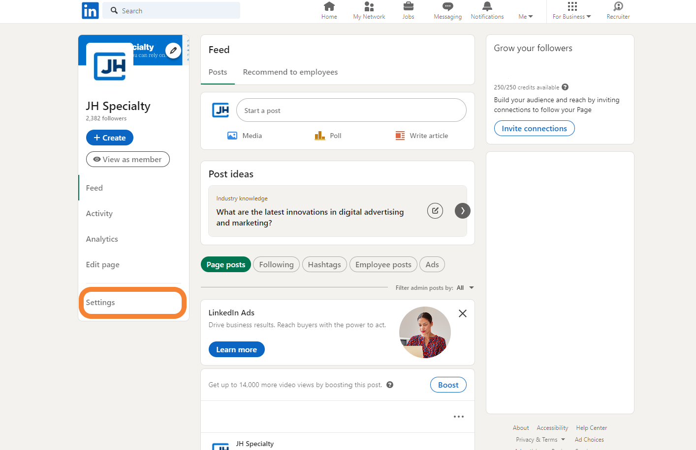 LinkedIn Page Settings Navigation