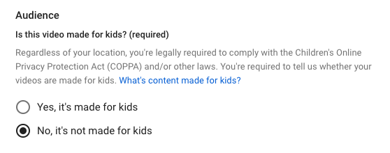 YouTube COPPA Audience Question
