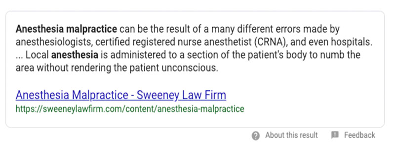 Sweeney featured snippet for Anesthesia Malpractice