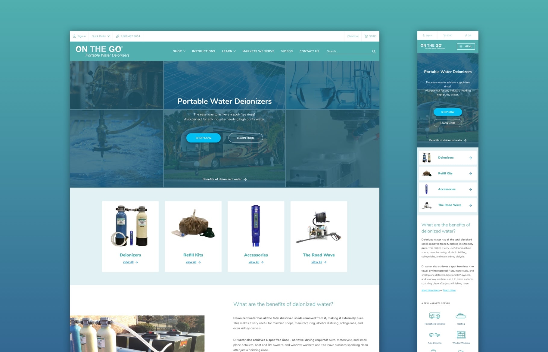 Screenshots of the Portable Deionizers homepage on desktop and mobile