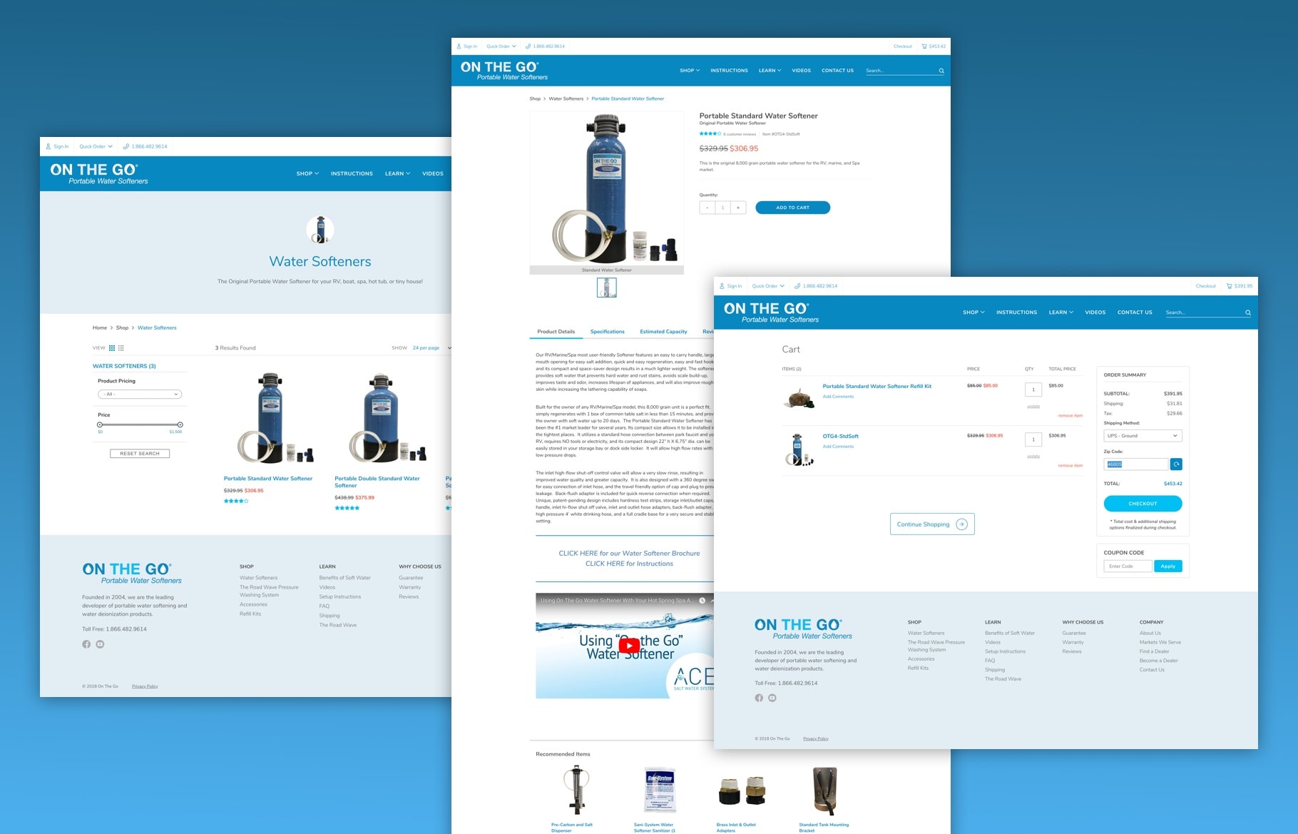 Screenshots of browsing for a water softener and adding to cart