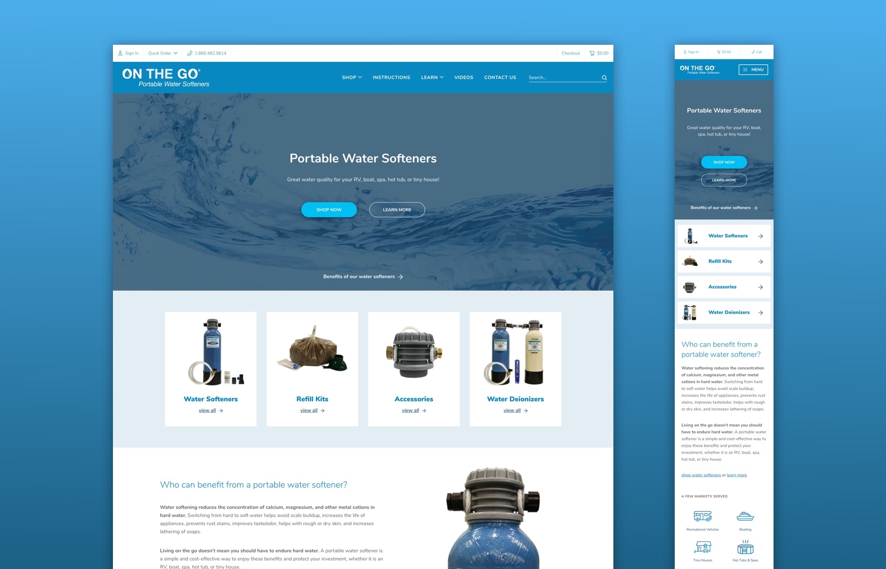 Screenshots of Portable Water Softeners site on desktop and mobile