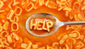 HELP spelled out in alphabet soup