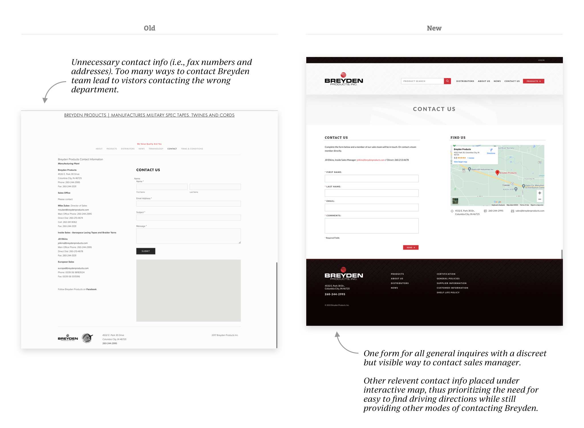 Old Contact Us page versus new Contact Us page