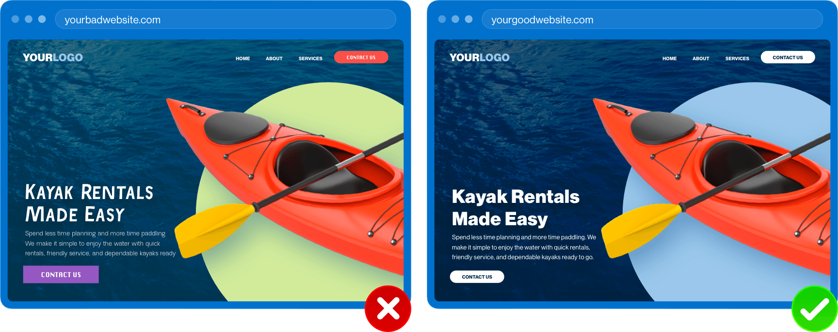 One website with bad brand consistency and one with good