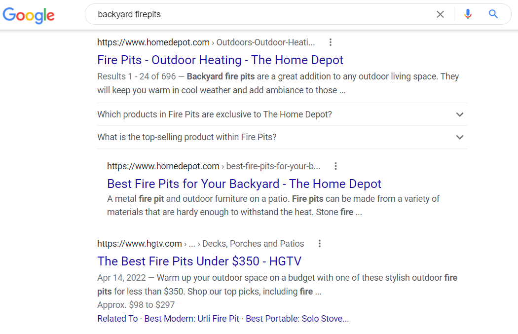 Example of organic search ranking