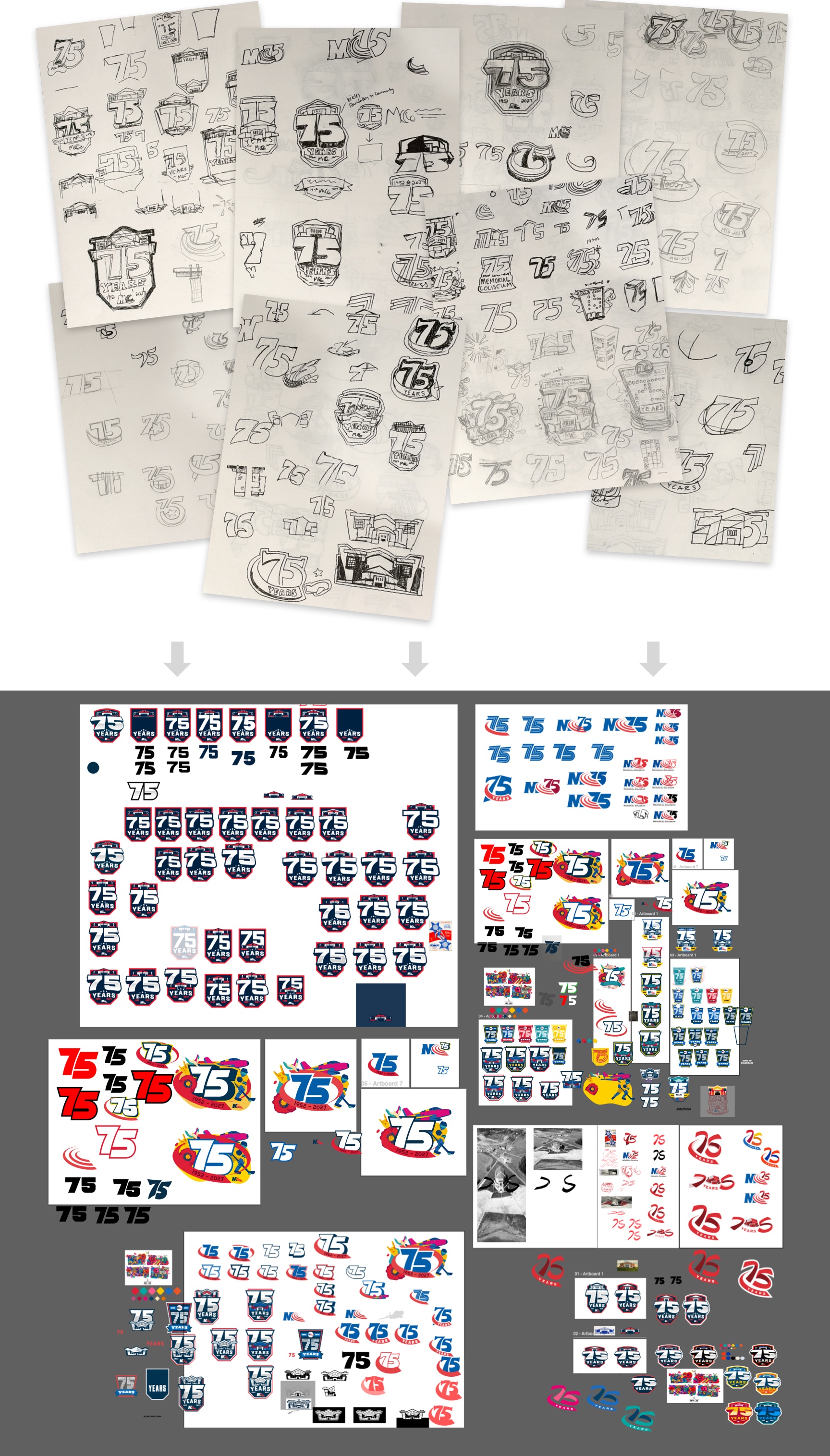 Sketches on paper to initial concepts in Illustrator