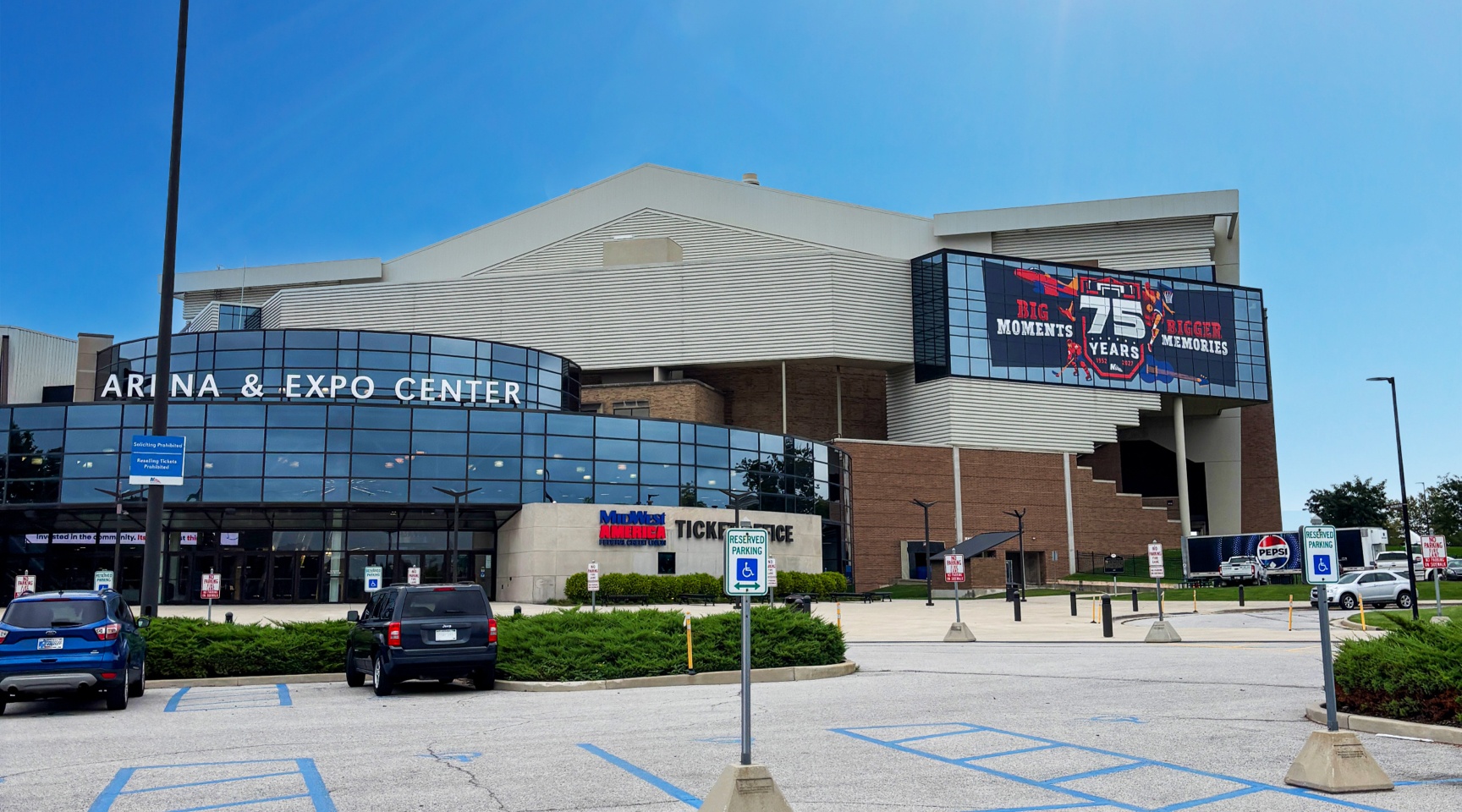 Allen County War Memorial Coliseum exterior with window cling