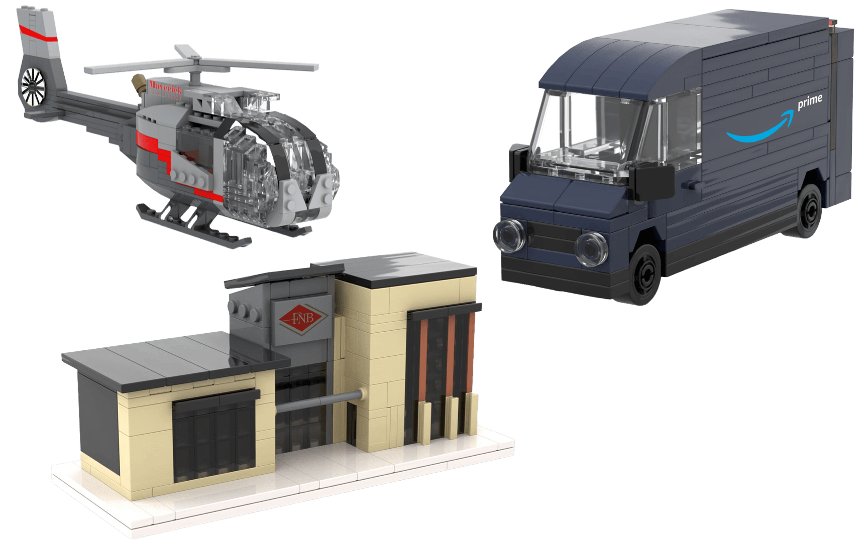 Buildings sets of building, helicopter, and delivery truck