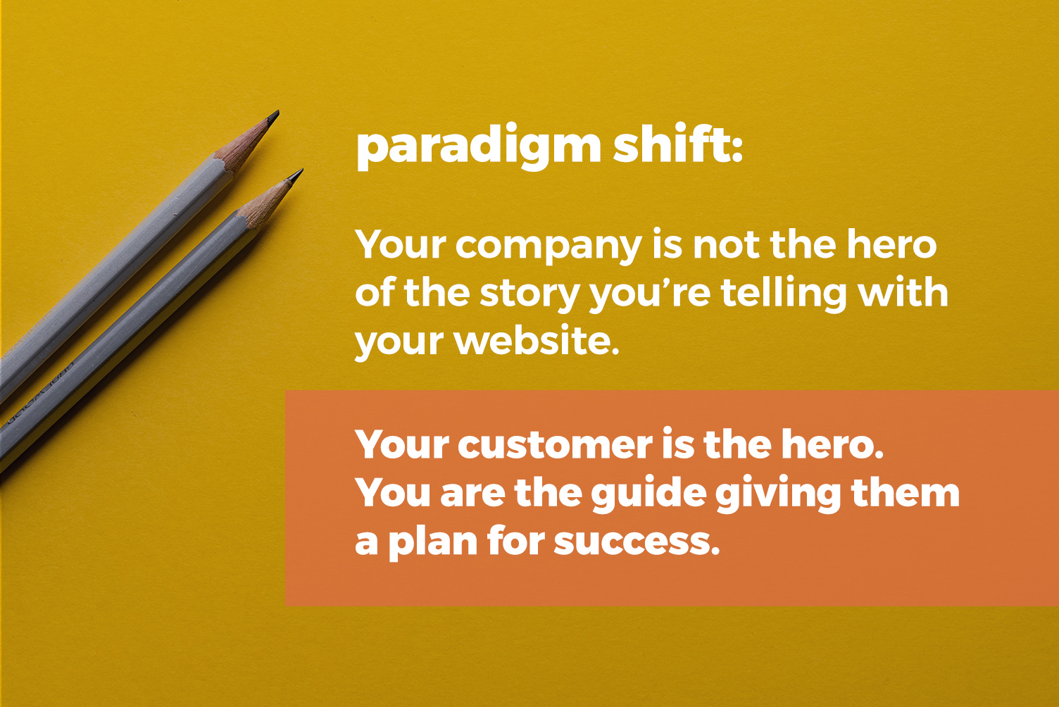 paradigm shift: your company is not the hero of the story your site is telling. your customer is the hero. you are the guide giving them a plan for success.