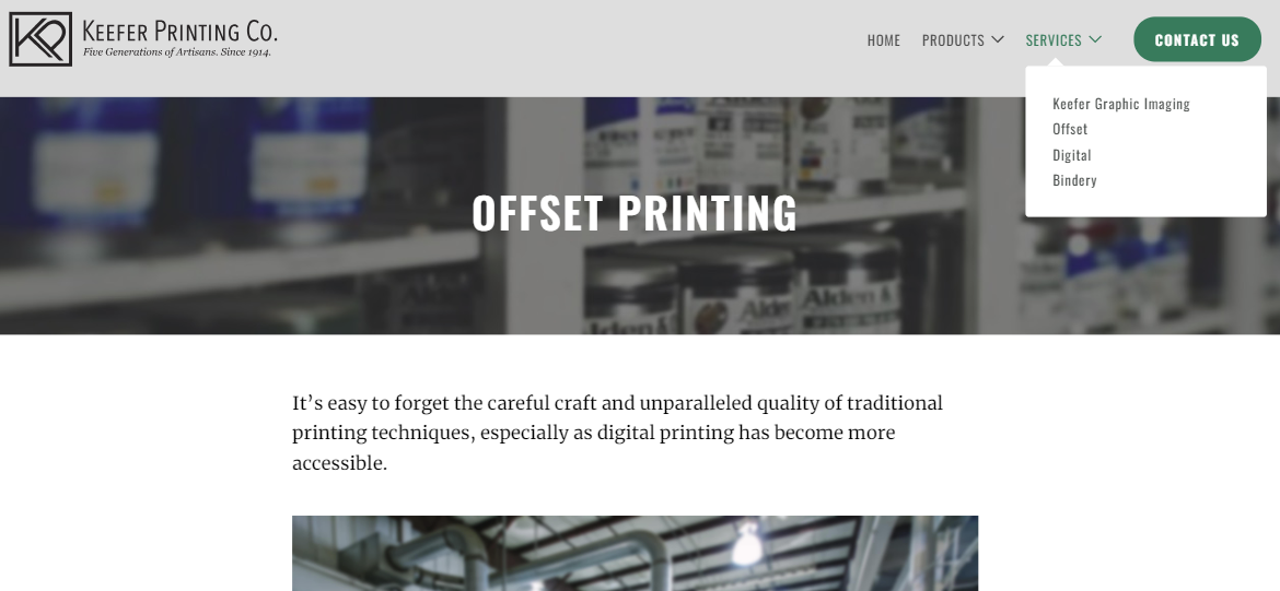 Services section of Keefer Printing website