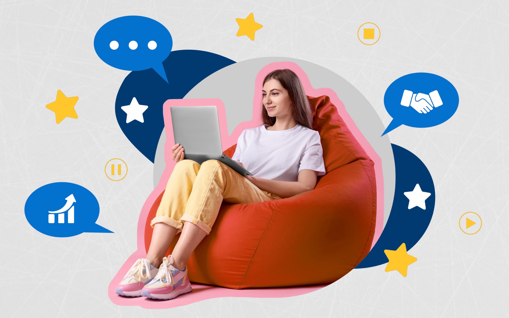 Woman on laptop sitting on bean bag chair surrounded by website SEO graphics
